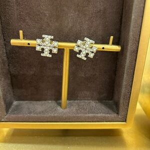 Tory Burch silver-tone pave large pearl logo stud earrings gold color large logo